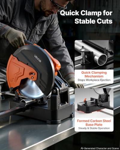 Image of VEVOR Chop Saw 16-inch Cold Cut Blade 3000 W Powerful Motor Cut Off Saw | For Cutting Metal, -45 to 45 Adjustable Angle, Efficient Dry Cutting, Stable, with Thickened Blade Guard and Scale Ruler