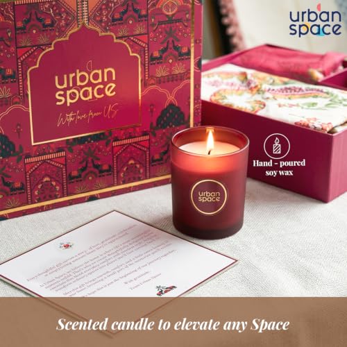 Image of Urban Space Festive Gift Set - 100% Cotton Double Bedsheet with 2 Pillow Covers & Scented Soy Wax Candle, Premium Gift Box, Motif Red, Diwali, Housewarming & Festive Home Decor Gift