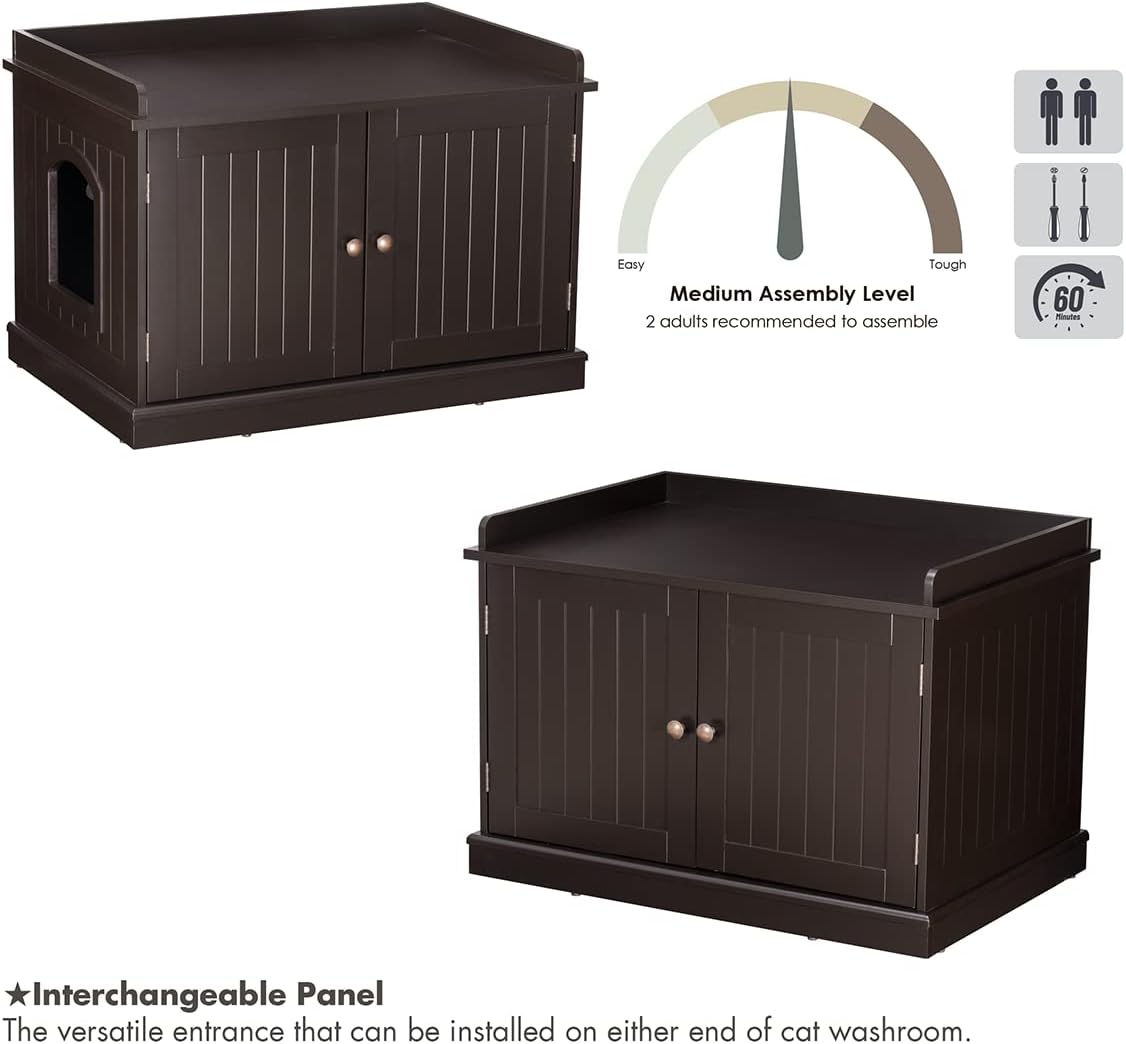 PAWLAND Cat Litter Box Enclosure, Litter Box Furniture Hidden, Indoor Cat Toilet House for Pet Cat, Cat House Side Table with Vent Holes, Espresso