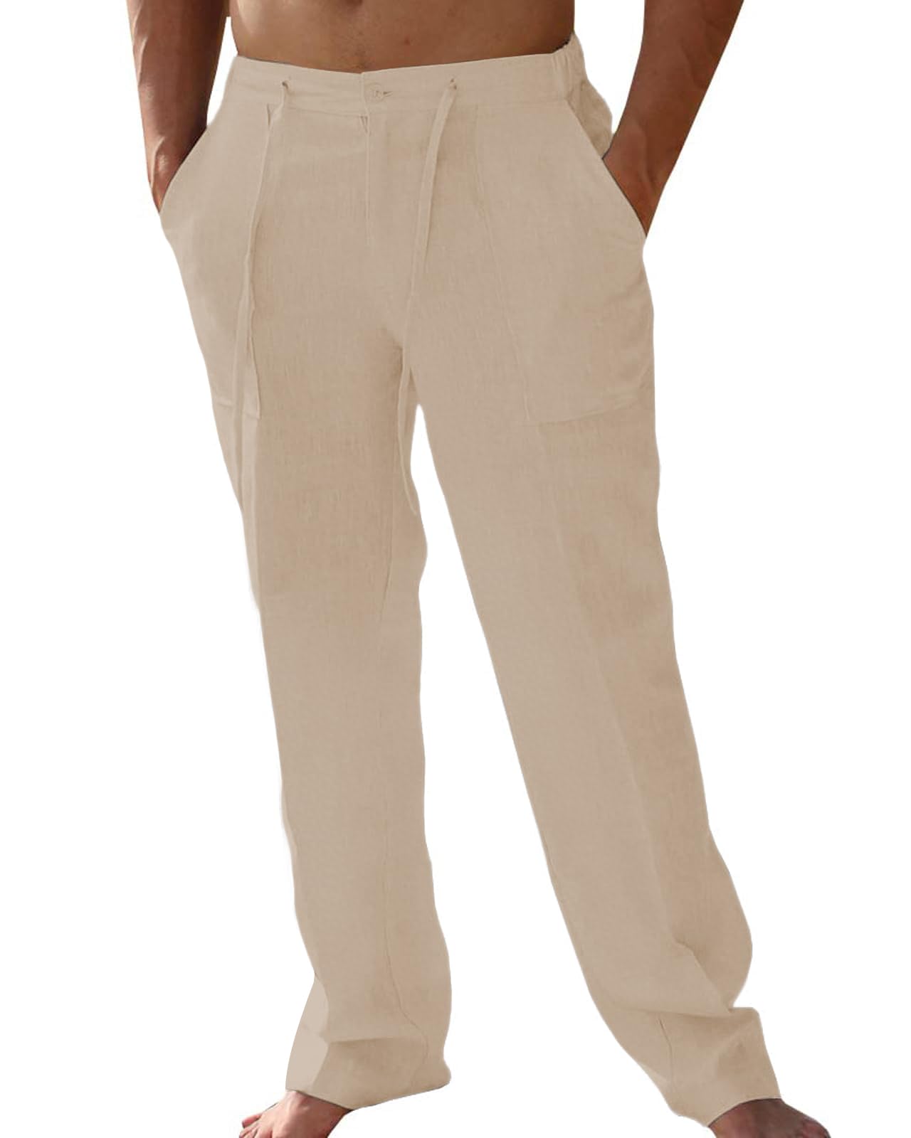 Wangdo Mens Linen Pants Casual Beach Yoga Baggy Trousers Summer Lightweight Elastic Drawstring Waist Pants with Pockets