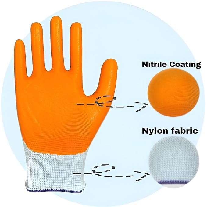 Image of AxisGrip Multipurpose Nylon Anti Cut PU Nitrile Coating Work Safety Gloves Orange-White Pair 1