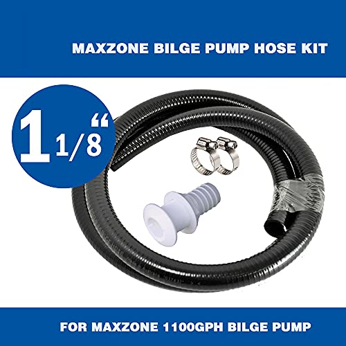 Maxzone Bilge Pump Installation Kit Bilge Pump Hose 1-1/8-Inch Dia Plumbing Kit | 6 Ft Premium Quality Kink-Free Flexible Pvc Hose | Includes 2 Hose Clamps And Thru-Hull Fitting #TOP1
