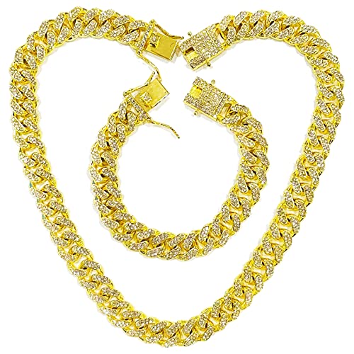 Uiouio 2 Piezas Hip Hop Aleacion Collar, Cubana Pulsera, Collares Ancha Oro, Rapero Collar, Con Incrustaciones Diamantes Imitación, Largo 7.9 pulgadas, 17.7 pulgadas, Para Hombres, Mujeres, Hiphop Cover