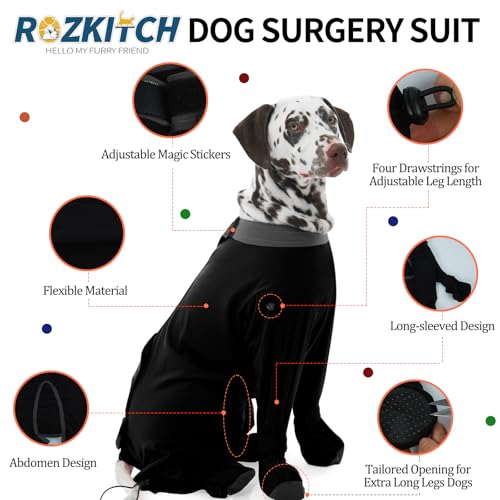 Image of ROZKITCH Dog Recovery Suit for Abdominal Wounds & Post-Surgery, Full Coverage Bodysuit, Anti-Licking Shedding & Wound Protection, E-Collar Alternative for Extra Large Dogs Black 4XL