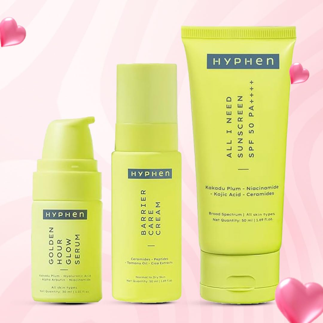 Hyphen Daily Face Care Regime for Normal & Dry Skin | 3 Step Facial Kit Routine withFace Serum, Face Cream & Sunscreen SPF 50 To Heal Skin Dryness & Dehydration | Value Pack of 3
