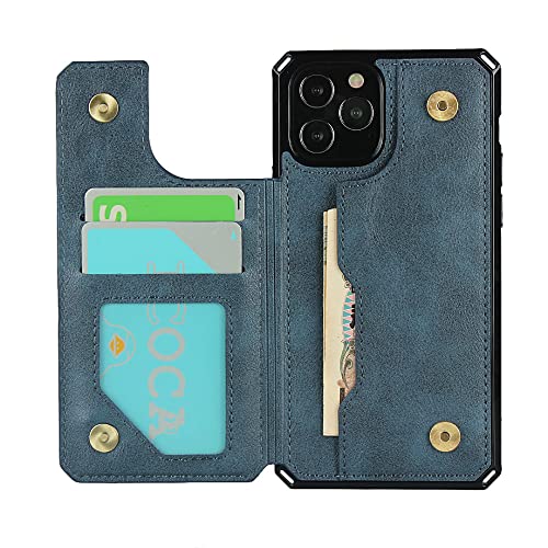Housse en cuir iPhone 12 slim bleu avec fentes cartes