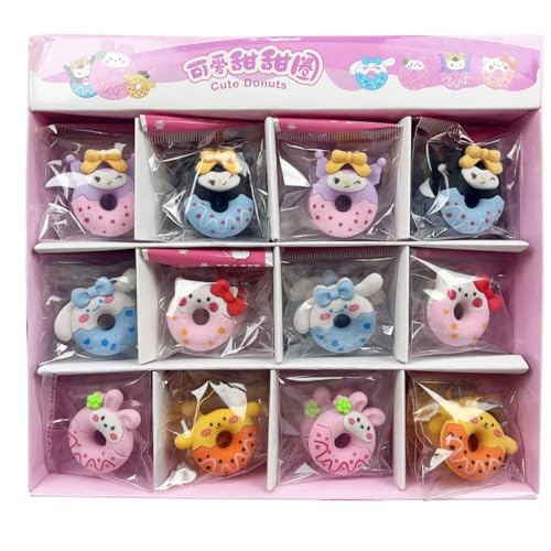 Image of Radiance 12 Pcs Donut Shape Animal Erasers for Kids | Cute Pencil Erasers for Girls & Boys | School Stationery Set | Birthday Return Gifts for Children (Multicolor)