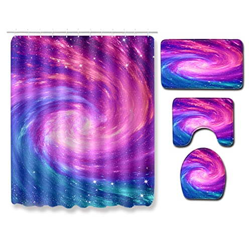 Duschvorhang Rosarot Blau Badematte 4-Teiliges Set, 1 Duschvorhang 180x180 Polyester+1 Badvorleger rutschfeste(50x80)+1… – Bild 3