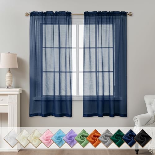 Image of Navy Blue Sheer Curtains 63 Inch Length, Privacy Semi Sheer Curtains for Living Room Bedroom, Light Filtering Rod Pocket Voile Window Drapes 2 Panels Set, Each 42 inch W x 63 inch L
