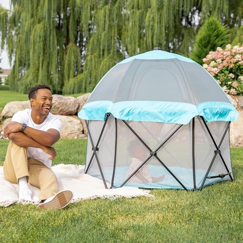 Regalo Safety My Play Deluxe Baby Playpen & Portable Play Yard with Canopy, Foldable 6-Panel Indoor Outdoor Playpen for Babies & Toddlers, Mesh Sides, Washable Nylon Bottom, 48', Aqua/Black