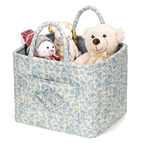 Storage Basket Boho Fabric Large Collapsible Floral Laundry Nursery Hamper Portable Folding Storage for Clothes Toys (Blue Floral B)