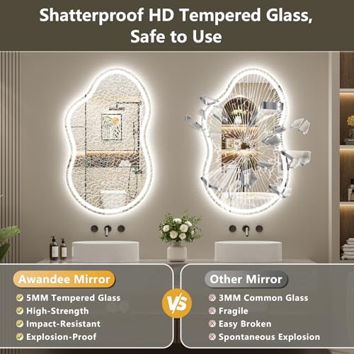Image of 40x24 Inch Asymmetrical LED Bathroom Mirror with Lights, Backlit & Front-Lit, Anti-Fog, Irregular Cloud Lighted Bathroom Vanity Mirror for Wall, Dimmable, 3 Colors, Memory, HD Tempered Glass