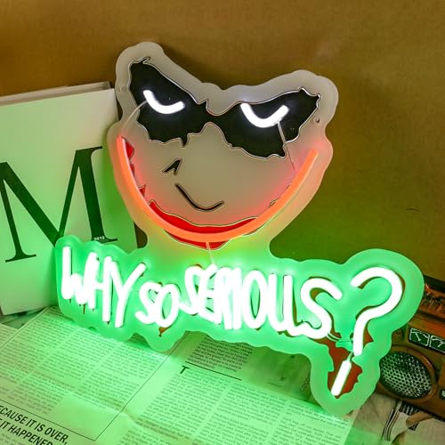 Image of Why So Serious Joker Neon Sign, UV Print LED Neon Light with Dimmer, 16x13 Inches, USB Powered Wall Decor for Bedroom, Game Room, Bar, Party