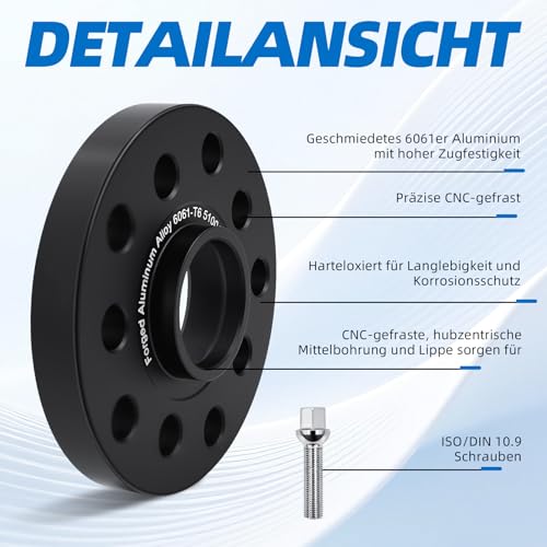 Spurverbreiterungen passend für Volkswagen Golf/Audi A3 A4 A6 A8, inklusive M14x1,5 Radbolzen (40mm, 2x20mm, 5x100, 5x112, 57,1mm Mittenbohrung), schwarz.