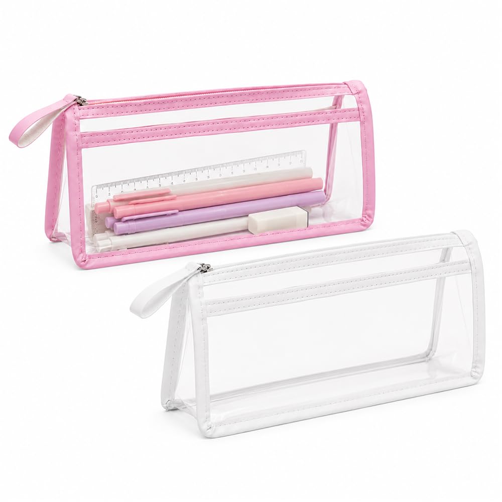 Clear Pencil Case 2 Pack, Transparent Exam Pouch for School & Travel