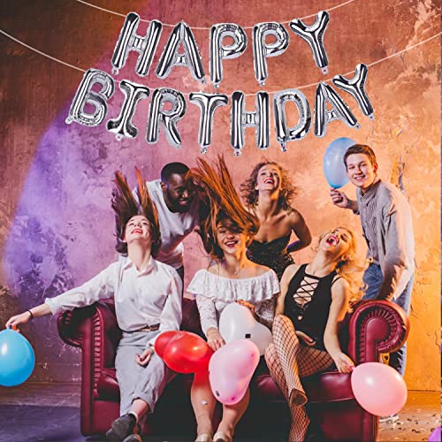 Silver Happy Birthday Balloon Banner 16 Inch Hanging Birthday Decors For Women Men Adults Kids Party Decor Letters, Birthday Sign Banner Balloon Backdrop Mylar Foil Letters Happy Birthday Sign Bunting #TOP1