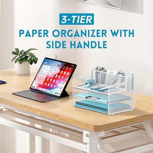 JMHUD 3-Tier Paper Letter Tray Organizer with Pen Holder, Mesh Desk Accessories & Workspace Organizers with Handle, File Sorter Office Supplies for Desk, White