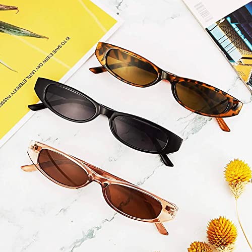 Frienda 3 Pair Retro Oval Sunglasses for Women Men 90s Skinny Sun Glasses Trendy Narrow Oval Cat Eye Sunglasses UV Protection4