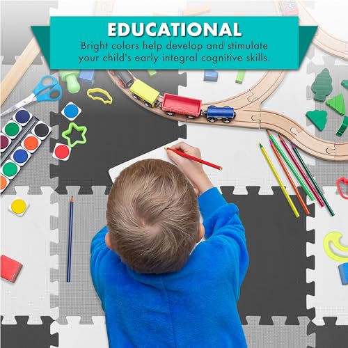 Image of ProSource Baby Play Mat, Soft Foam Floor Tiles for Kids, Interlocking EVA Panels for Playpen Use, Crawling Development Surface, Safe Non-Toxic Toddler Flooring, 16 Tiles, Black /Gray /White