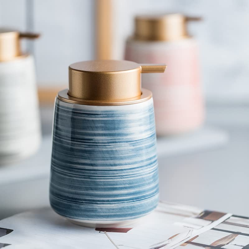Modern Striped Style Gold Soap Dispenser for Bathroom, Ceramic Hand Soap Dispenser, Easy to Refill Liquid (Blue)