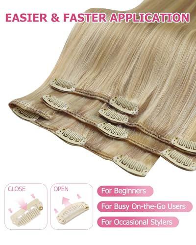 Image of YoungSee Blonde Clip in Hair Extensions Real Human Hair Light Blonde Highlighted Golden Blond Clip on Hair Extensions for Women, Long Straight Hair Clip in Extensions 22 Inch 120G 7Pcs