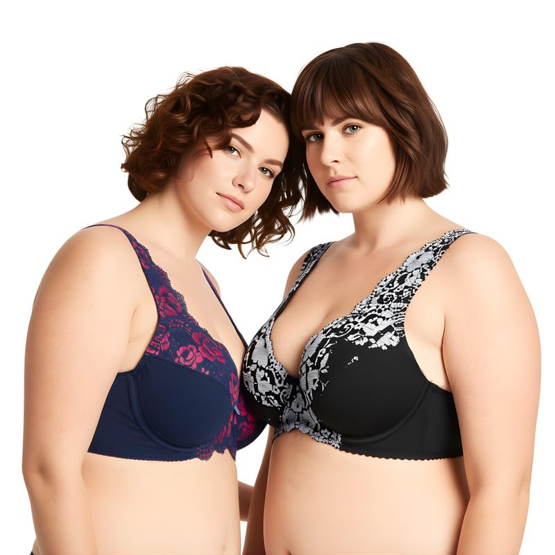 Image of Curve Muse Minimizer Unlined Underwire Bra with Lace Embroidery-2 Pack