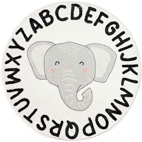 Image of PAXJOY ABC Alphabet Nursery Rug, Soft Fluffy Carpet for Playroom, Bedroom - Washable Non-Slip White Fuzzy Rug for Girls & Boys, Round Kids Play Rug (Baby Elephant, White) (100cm x 100cm (40in x 40in)