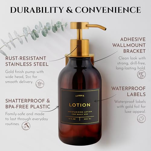 Shower Shampoo Dispenser Wall Mounted – Refillable 16.9 oz Amber Bottle with Stainless Steel Pump & No-Drill Adhesive Holder – Soap Dispenser for Bathroom (1 X Amber/Gold) - image 5