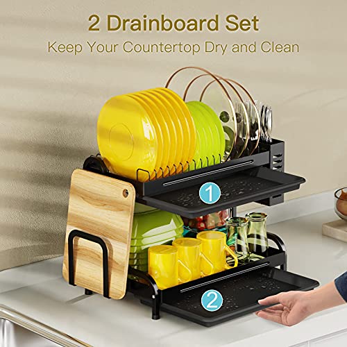Dish Drying Rack, Cambond Heavy Duty Dish Rack with Drain Board, Utensil Holder, Cutting Board Holder, Rustproof Dish Drainer for Kitchen Countertop, Black
