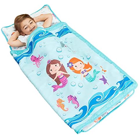 EVERYDAY KIDS Toddler Nap Mat with Removable Pillow -Underwater Mermaids- Carry Handle with Fastening Straps Closure, Rollup Design, Soft Microfiber for Preschool, Daycare Sleeping Bag, Ages 2-6 years Cover