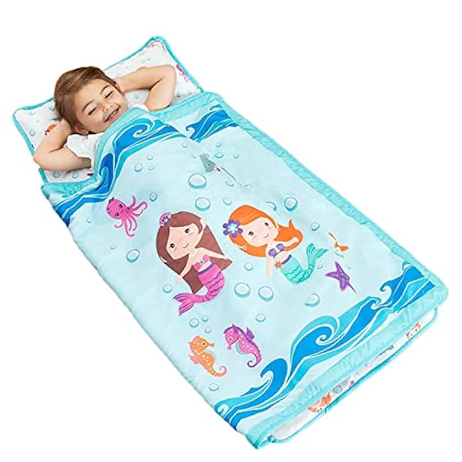 EVERYDAY KIDS Toddler Nap Mat with Removable Pillow -Underwater Mermaids- Carry Handle with Fastening Straps Closure, Rollup Design, Soft Microfiber for Preschool, Daycare Sleeping Bag, Ages 2-6 years