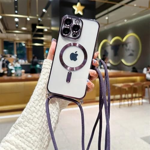 Coque silicone iPhone 14 antichoc magnétique avec cordon violet