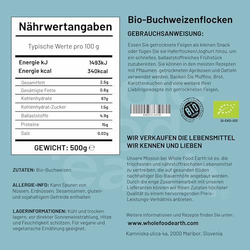Wholefood Earth Bio-Buchweizenflocken – 500 g | Roh | Gentechnikfrei | Vegan | Ballaststoffquelle | Bio-zertifiziert