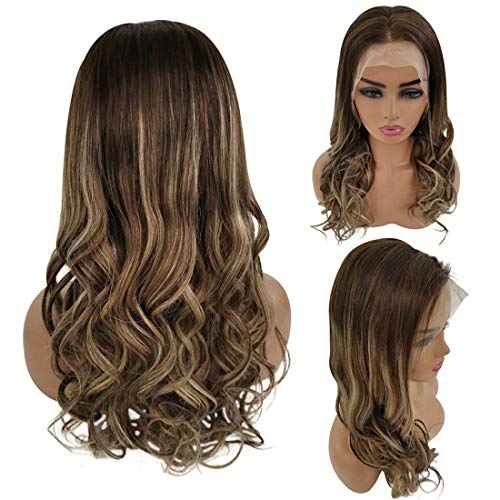 Ombre Human Hair Wigs Lace Front wig Highlight Brown Glueless Long Wavy Frontal Wigs Bleached Knots Pre-Plucked Natural Hairline 150% Density (16 Inch 4/4/24)