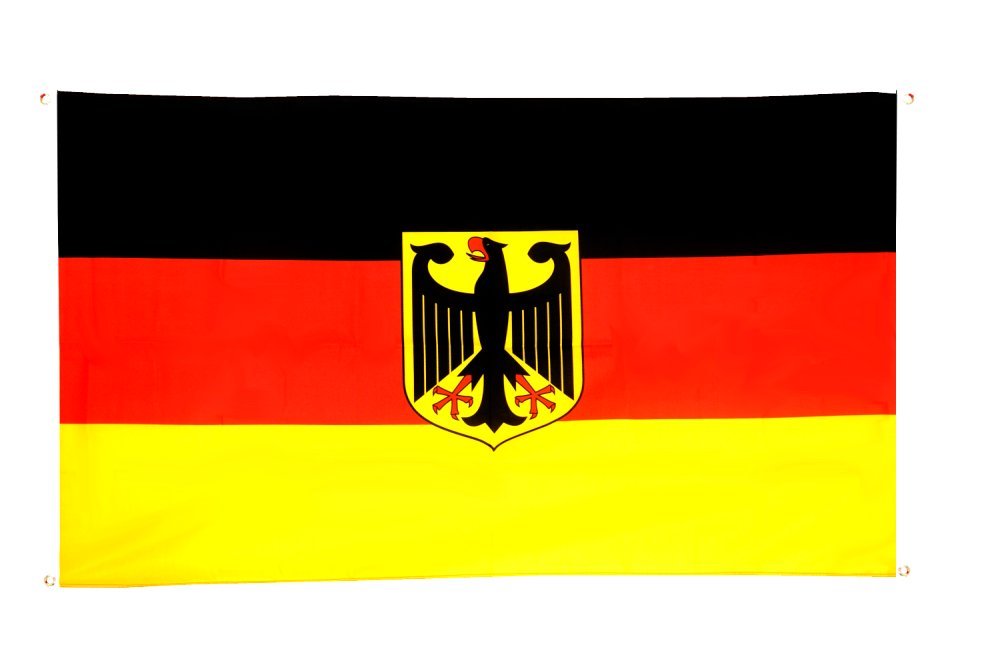 Flaggenfritze Deutschland Flagge mit Adler 90x150 cm mit 2 Metallösen, Deutschlandfahne wetterbeständig, Polyester, doppelt genäht, Fahne für Sport und Feierlichkeiten