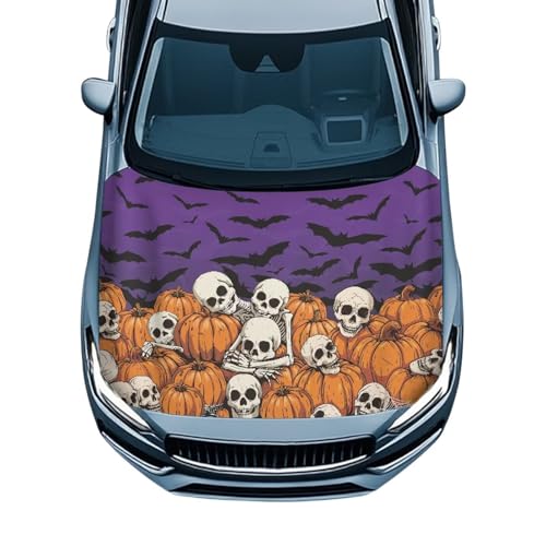 Image of Bat Skeleton Car Hood Cover All Weather Protection Automotive Exterior Accessories Universal Fit Hood Covers for Cars, Trucks, SUV, or Van Full Coverage Halloween Decor