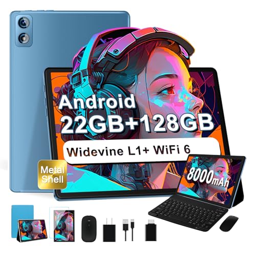 Dghrti 2025 Android Tablet 10 Zoll, 22(6+16) GB RAM+128GB ROM/TF 2TB, 8000mAh Akku, 8-Cores CPU, Face ID, Widevine L1, WLAN 6, GPS, BT5.0, 5MP+8MP, Tablet mit Tastatur+Maus, Metallkörper Blau