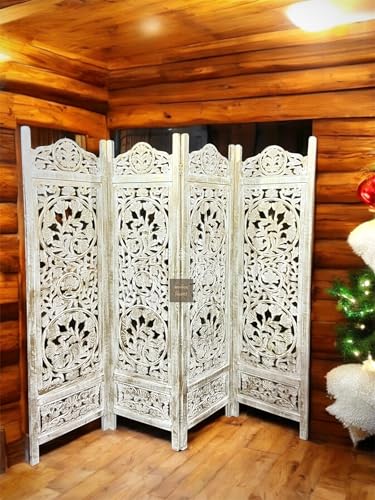 Image of Wooden Room Divider Decorative Foldable Privacy Screen Hand Carved Partition for Living Room Bedroom Office Decor (6 Feet 4 Panel Royal Golden Shading Each Panel Size 72X20 Inch)