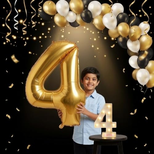 Image of Balloonistics Gold 40-Inch Foil Number 4 Balloon with Matching LED Marquee Light - Combo Set for 4th Birthday, Anniversary, Party Decoration, Photo Booth Backdrop, Cake Table Decor