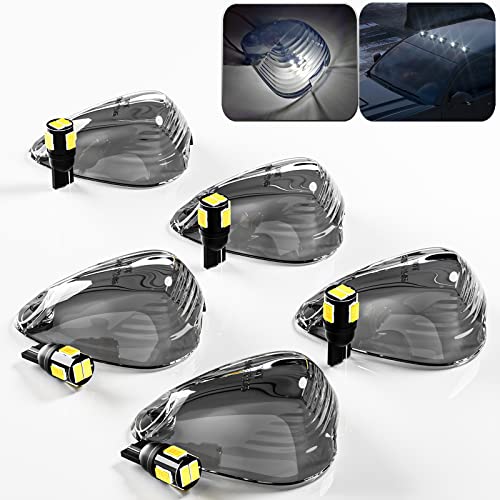 Pseqt Smoked Cab Roof Marker Lights Lens W/ T10 White 6Led Bulbs Compatible With F250 F350 F450 F550 Super Duty Pickup Trucks (5Pcs Smoked Lens+5Pcs Led Bulbs) #TOP22