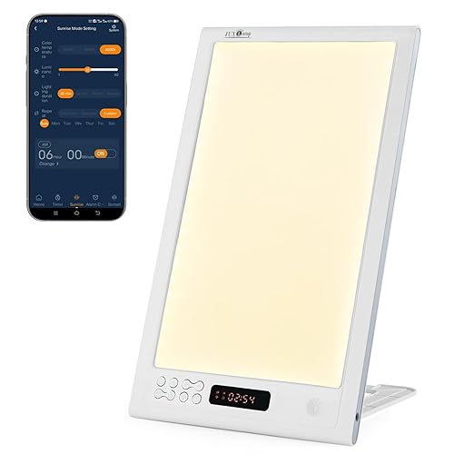 JUXLamp Bright Light Therapy Lamp 12000 Lux - Sunrise Alarm Clock with Dawn Simulator, APP Control - Wake Up Happy & Start Your Day Positively - With APP via Bluetooth