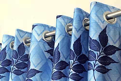 Image of Exporthub 2 Pieces Fancy Design Blue Flowers Leaf Heavy Quality Polyester Eyelet Door Curtains -Length 7 Feet (EHSPR779 74)