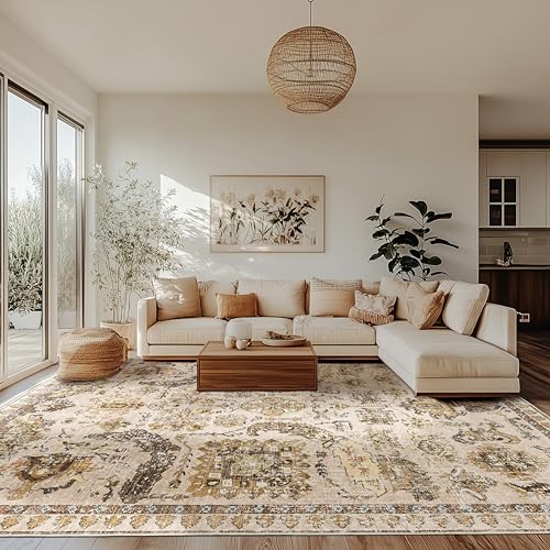 9x12 ft Washable Area Rug - Non-Slip Boho Rug for