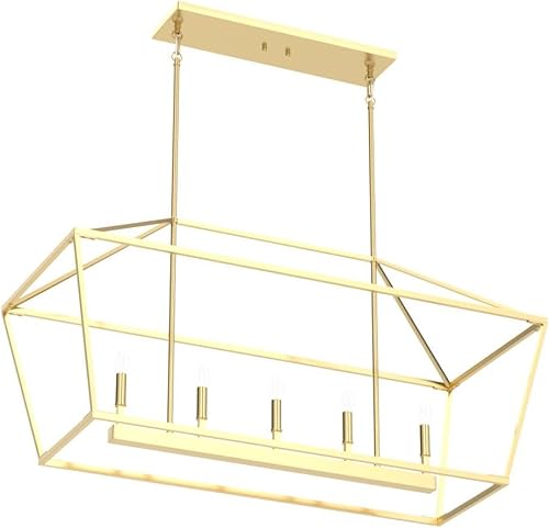 Miniatura 4 de Untrammelife Lámpara colgante de isla de cocina de 5 luces, lámpara colgante de linterna dorada, lámpara lineal moderna rectangular con varilla