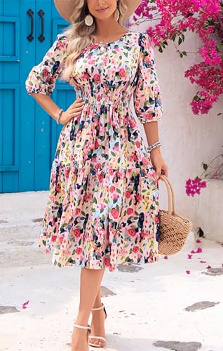 Kormei Women Casual Boho Floral Round Neck 3/4 Sleeve Smocked Waist Tiered A Line Flowy Swing Midi Dress Long Dresses2