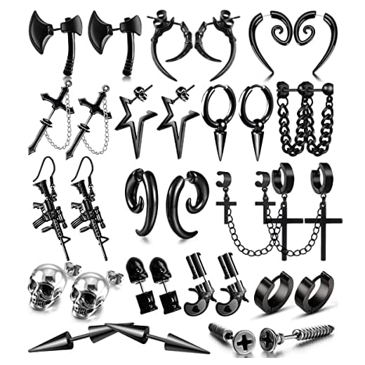 16 Pairs Stainless Steel Punk Y2K Black Dangle Earrings for Men, Axe Skull Screw Cone etc Huggie Hoop Long Chain Piercing Hoop Earrings Set for Unisex Earrings for Women