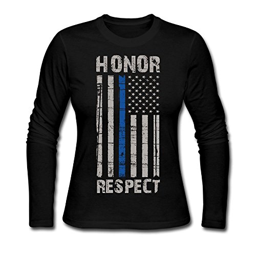 ROUNGO Women's Thin Blue Line American Flag Honor Respect Police Cotton Comfort Long Sleeve Tshirt Crew