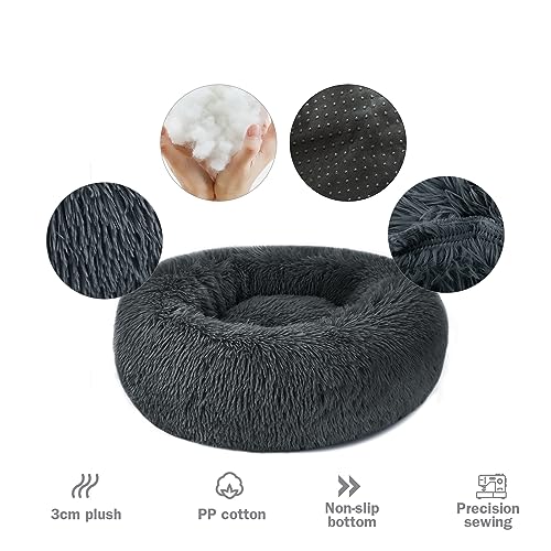 Hundebett Katzenbett Flauschig Rund aus Plüsch - Donut Kuscheliges Hundekissen Hundekorb Waschbar S/M/L/XL/XXL für Kleine, Mittelgroße und Große Hunde, Katzen und Andere Haustiere (M-50cm, Dunkelgrau)