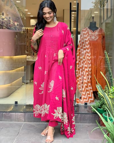 Image of GoSriKi Women's Rayon Blend Anarkali Printed Kurta with Pant & Dupatta | Ethnic Kurta Pant Dupatta Set for Women | Traditional Indian Wear Outfit