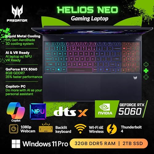 Predator Helios Neo 16S AI Gaming Laptop, 16 240Hz 2.5K OLED, Intel Core Ultra 9 275HX, NVIDIA GeForce RTX 5060, VR Ready, Copilot, Raffreddamento a liquido, Nero, Windows 11 Pro (32GB DDR5 RAM | - Notebook - Immagine 4